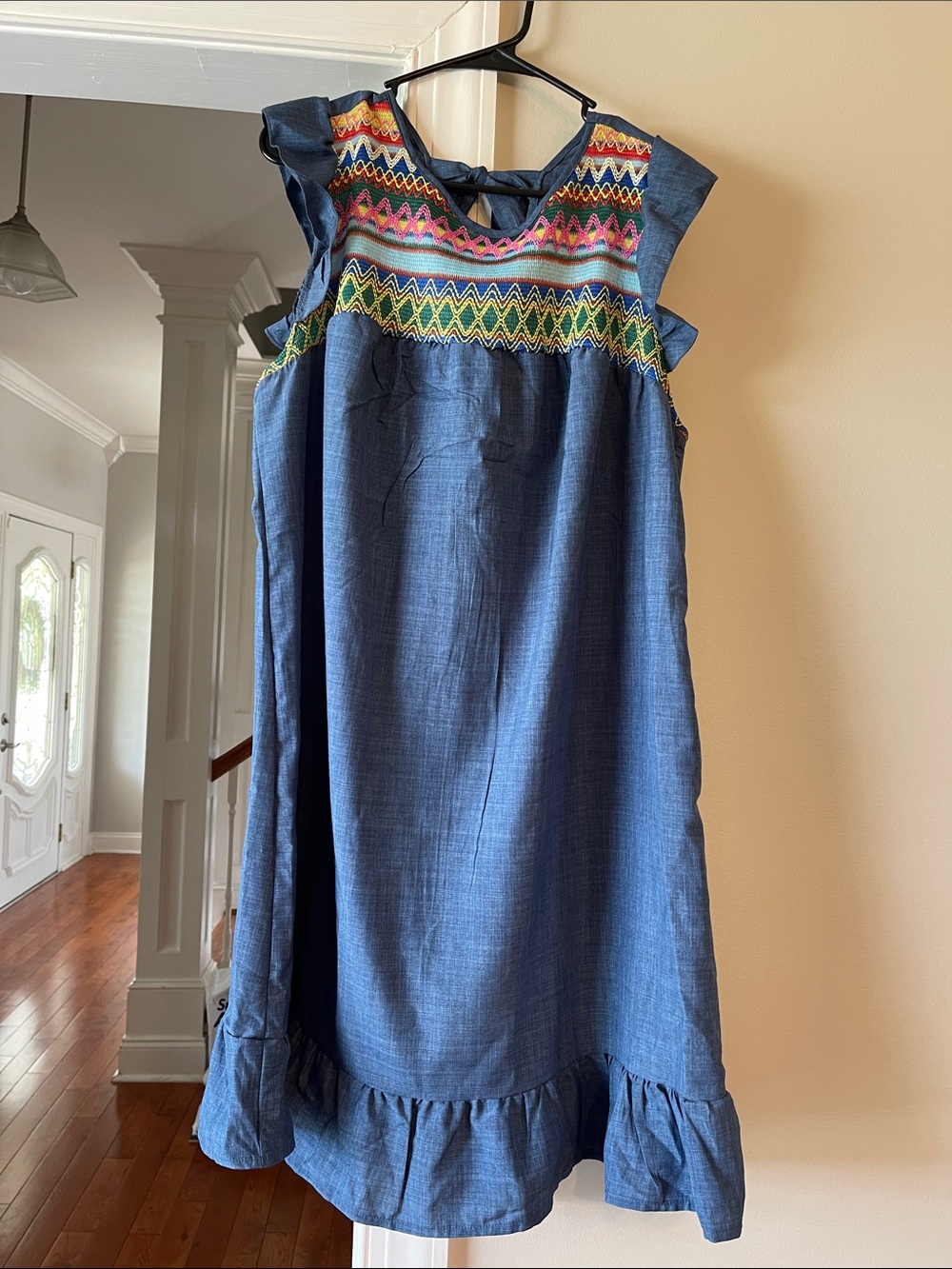 SHEIN Blue Embroidered Ruffle Hem Dress